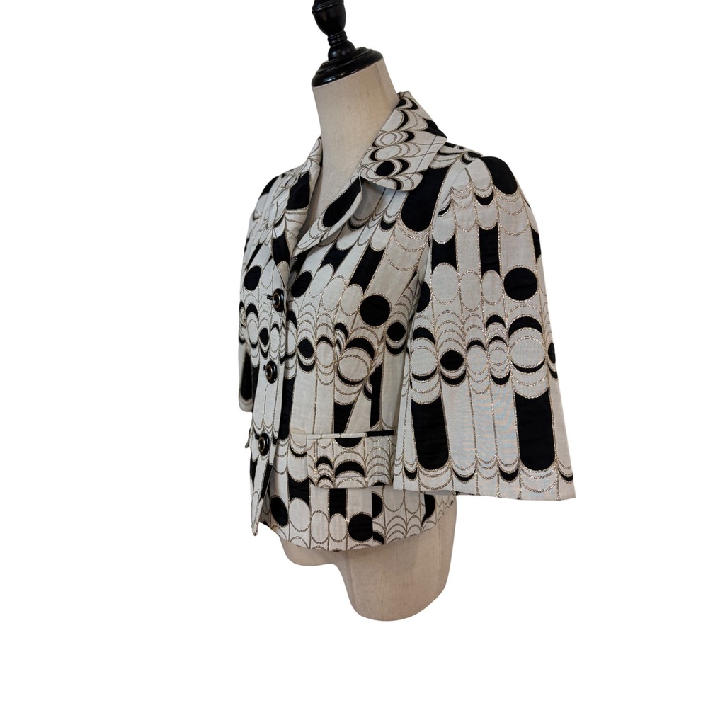 Trina Turk Cropped Jacket 0 Black White Excellent Gold Metallic Geometric Luxury - Picture 3 of 6